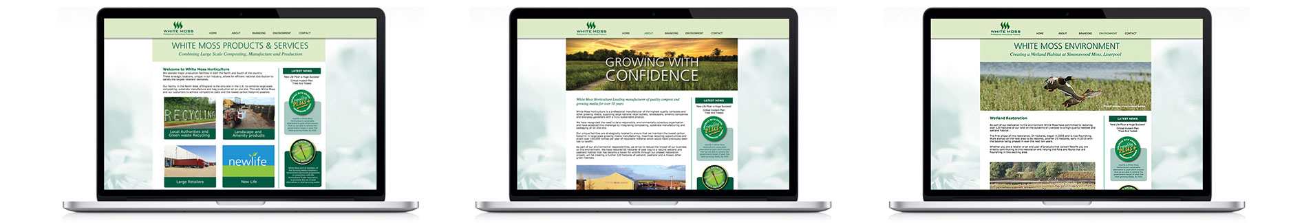White Moss Website three screen shots of the whitemoss horticulture website, home page, growing with confidence page and white moss environment