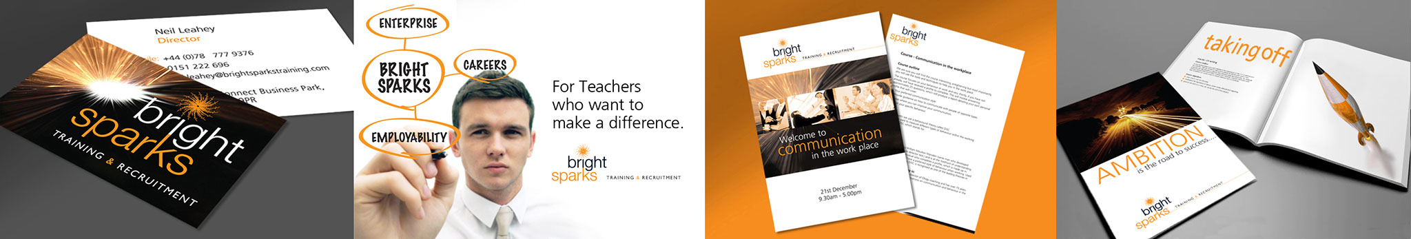 Bright Sparks Coporate branding bright sparks business cards, Advertisement, training brochure, full colour brochure cover and double page spread