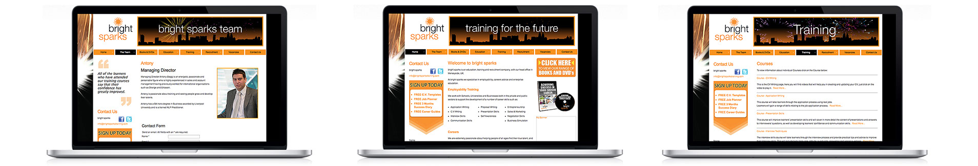 bright sparks website design three screen shots, welcome page, courses page and a profile of the managing director.