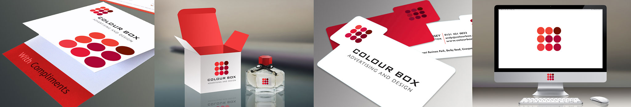 Colour Box Home page image image of Colour Box branded compliment slip, perfume box and perfume bottle, business cards and poster on a bus stop.