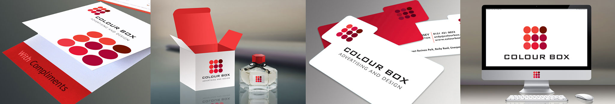 Colour Box Home page image image of Colour Box branded compliment slip, perfume box and perfume bottle, business cards and poster on a bus stop.