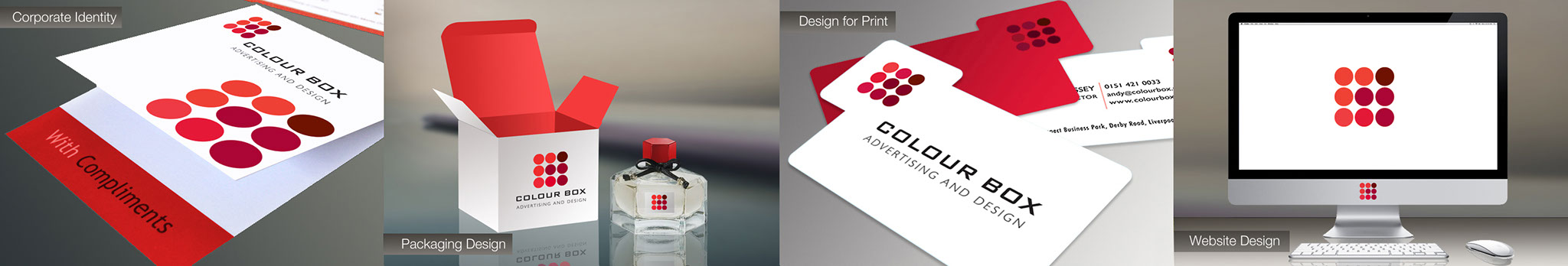 Colour Box Home page image image of Colour Box branded compliment slip, perfume box and perfume bottle, business cards and poster on a bus stop.