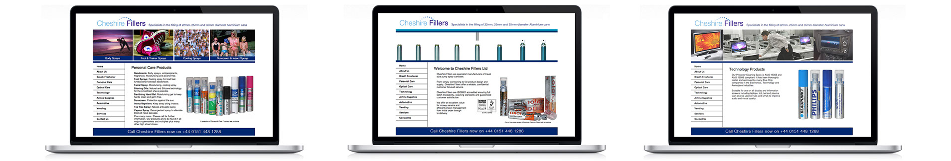Cheshire Fillers web site 3 screenshots of the cheshire fillers website, welcome page with product shot of small cans of sunscreen, technology products screen cleaner and