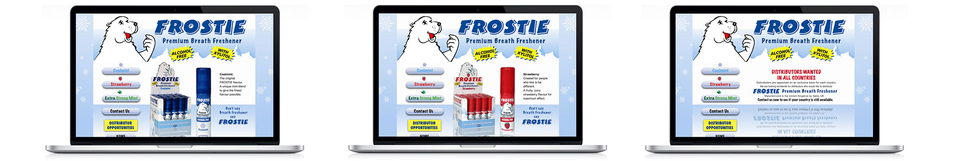 Frostie website 3 website screen shots two showing frostie breath freshener products and one page calling for distributors to help sell Frostie breath freshener