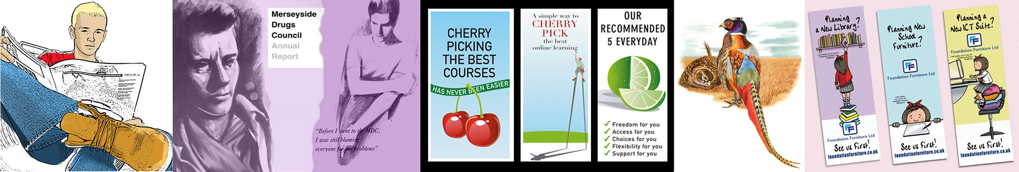 Ten Illustrations Line illustration student reading, 2 illustrations of men, 3 online course leaflets, watercolour of partridges, 3 illustrations for bookmarkers