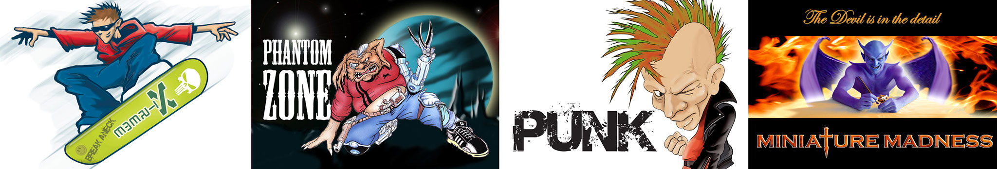 Four Illustrations 1 Snowboarder, Phantom Zone Poster, Mohawk Punk, Devil Painting.