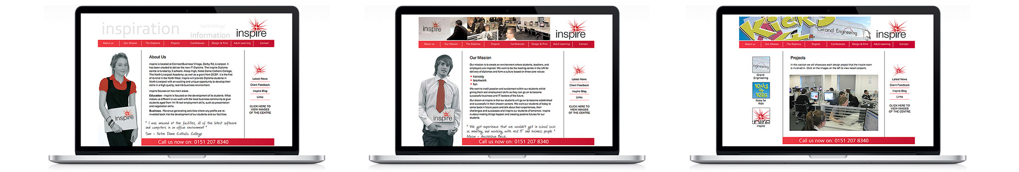 inspire website design three screen shots, about us page, our mission page and projects
