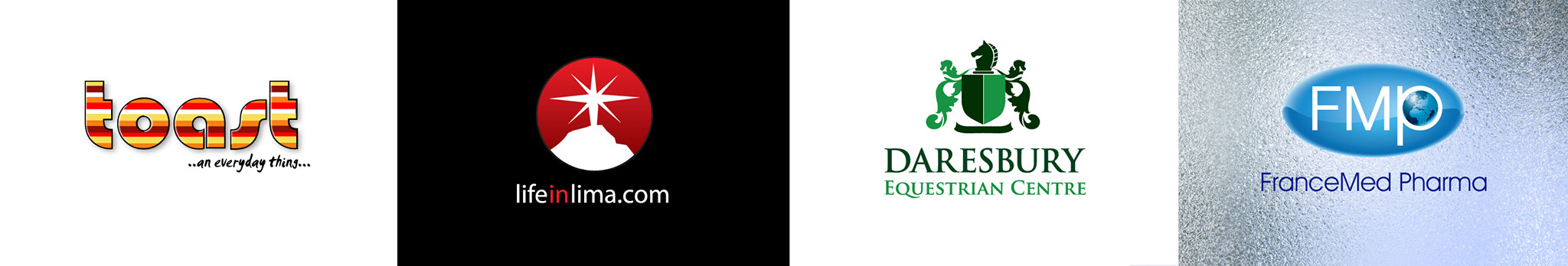 Various Logo designs Toast cafe logo, lifeinlima logo, Daresbury Equestrian Centre Logo, France Med Pharma Logo
