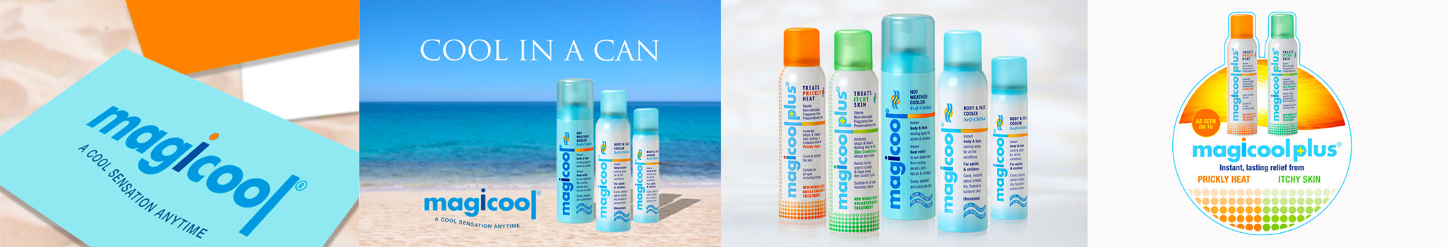 Magicool corporate branding Magicool business card, poster of three magicool aerosol on a beach, pack shot of 5 magicool cans, magicool shelf wobbler