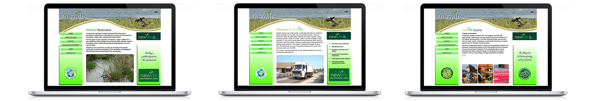 newlife website design 3 screen shots, welcome page, quality page and wetland restoration page.
