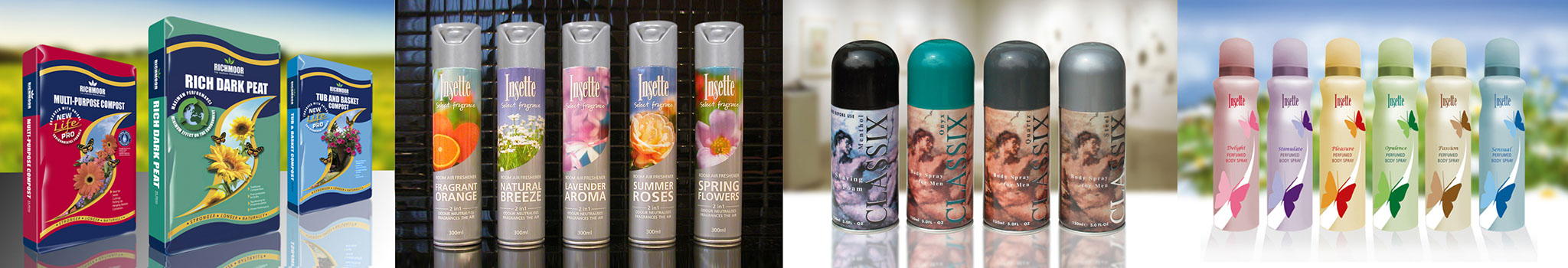 Packaging Design Richmoor plastic Bale Bags, Insetter room airfresheners x 5, Classix Mens body sprays x 4