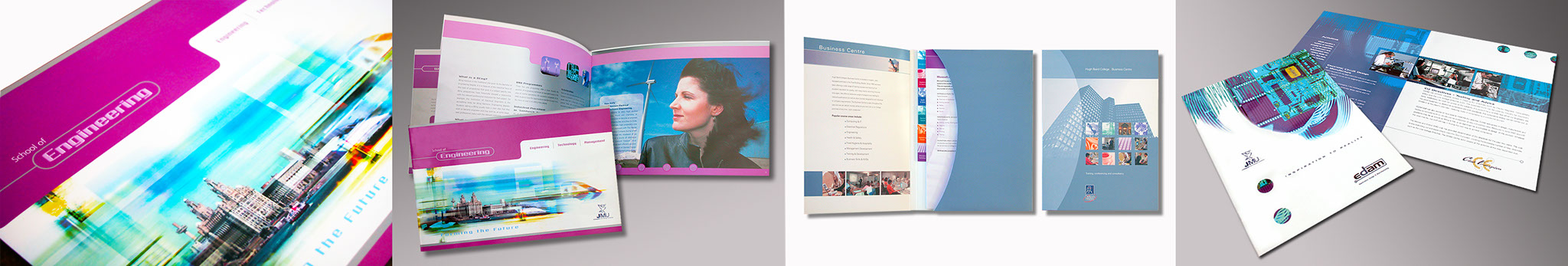 Design for Print LJMU school of engineering brochure cover and double page spread, Hugh Baird College Folder with tabbed inserts, EDAM Brochure