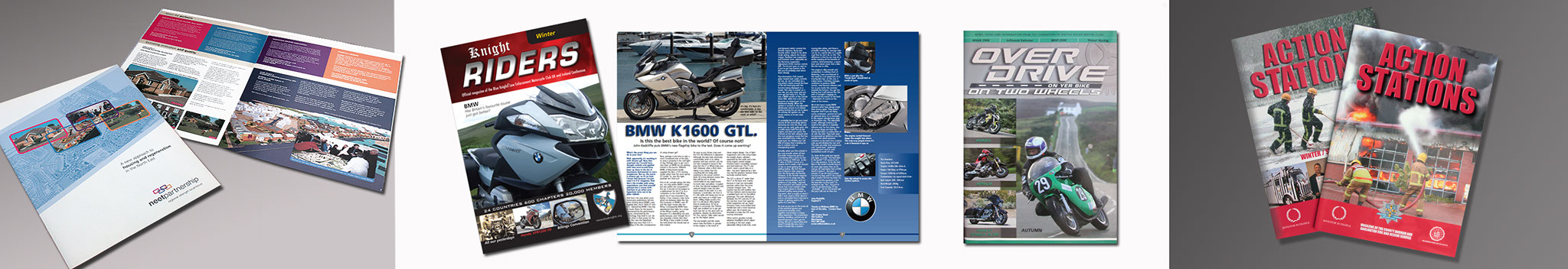 Design for Print brochures neet partnership housing association annual report, Design for Knight Riders Magazine cover and dp spread, Overdrive Magazine Action Sation Mag