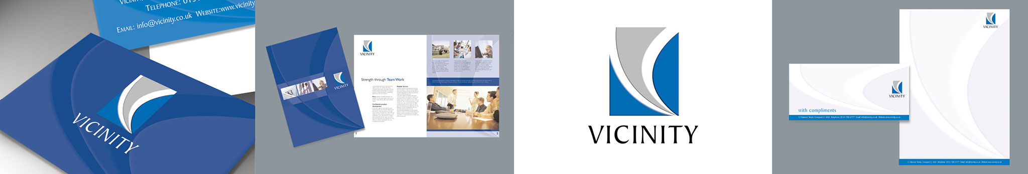 Vicinity Corporate Identity Vicinity business card, brochure cover and douple page spread, vicinity logo, stationery set