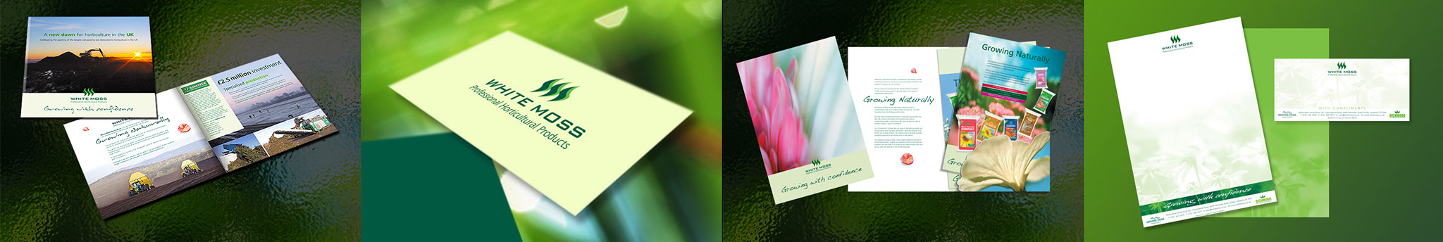 Corporate Identity Portfolio slide show White Moss horticulture brochure, business card, sales folder and stationery